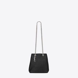 YSL BABY EMMANUELLE CHAIN BUCKET BAG IN BLACK CROCODILE EMBOSSED LEATHER